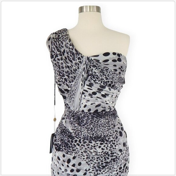 TADASHI SHOJI Black White Animal Print One Shoulder Ruched Evening Dress NWT 8 - Picture 5 of 7
